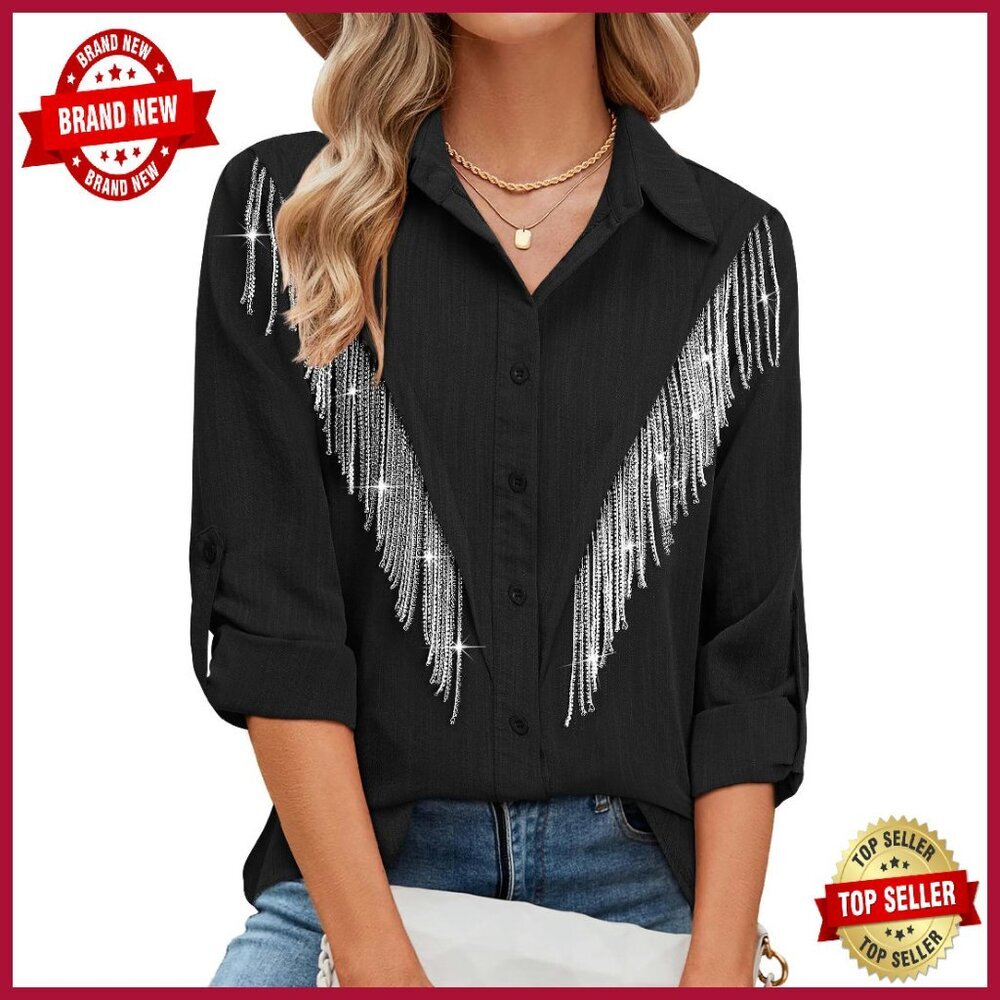 Sparkly Rhinestone Fringe Button Down Shirt 3/4 Sleeve Western Top